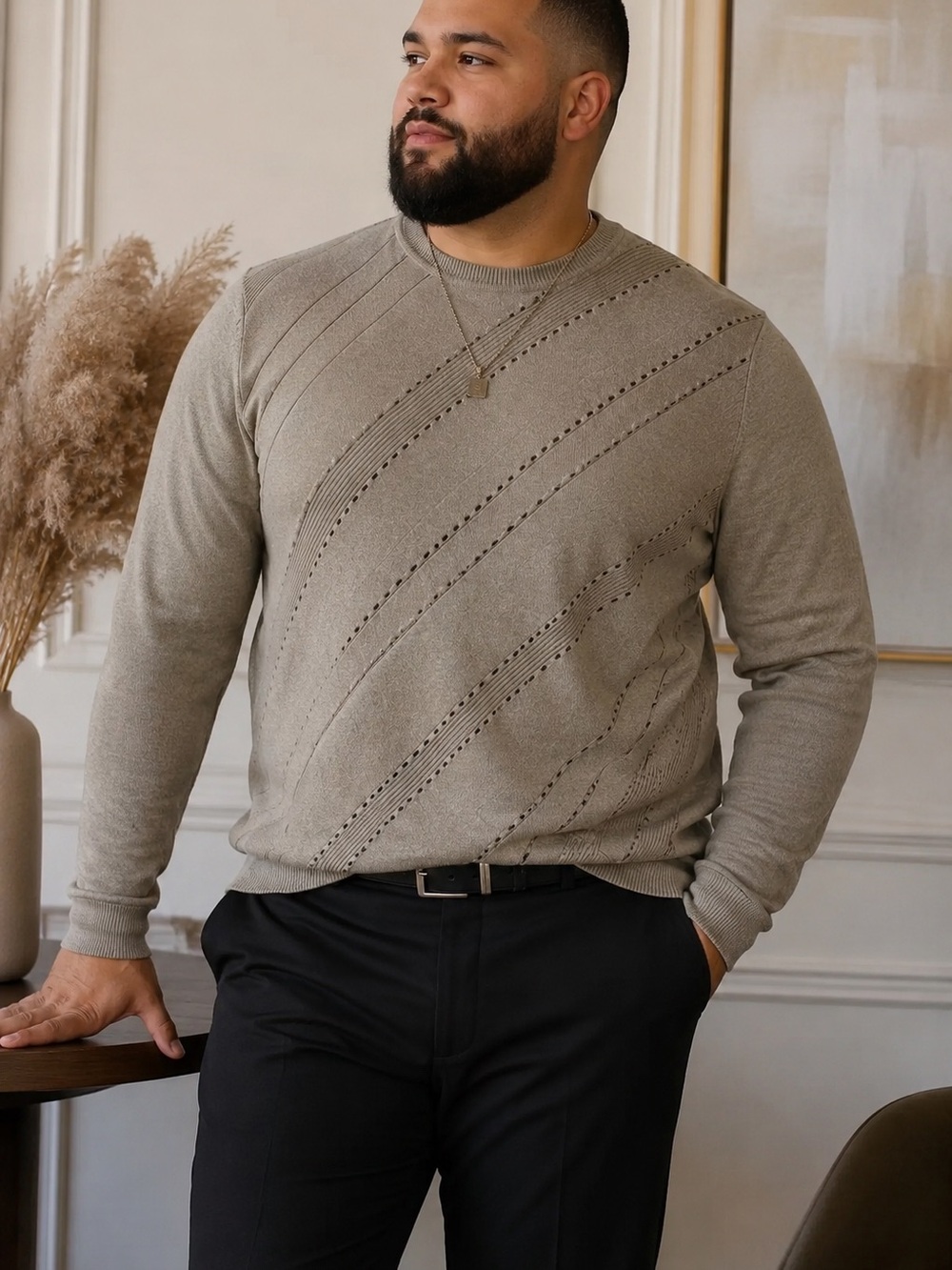 Axcess Men's V-Neck Diagonal Eyelet Sweater - Taupe